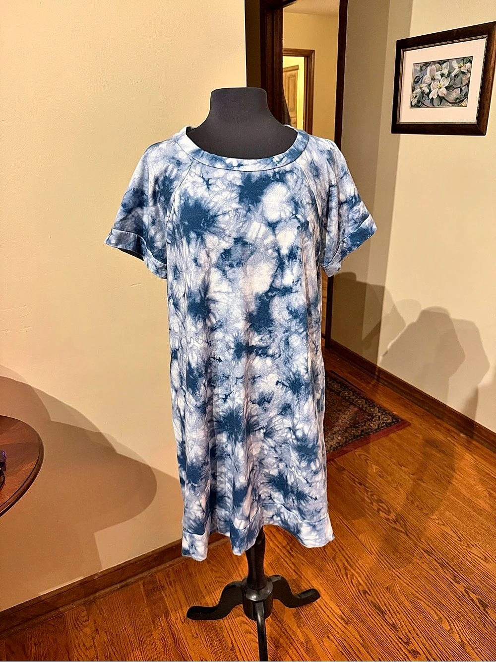 Chico's Zenergy French Terry Tie-Dye Dress Midi Dress Blue & White Size 2 US 12/